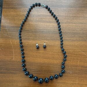 Vintage Black Beaded Necklace and Post Earring Set